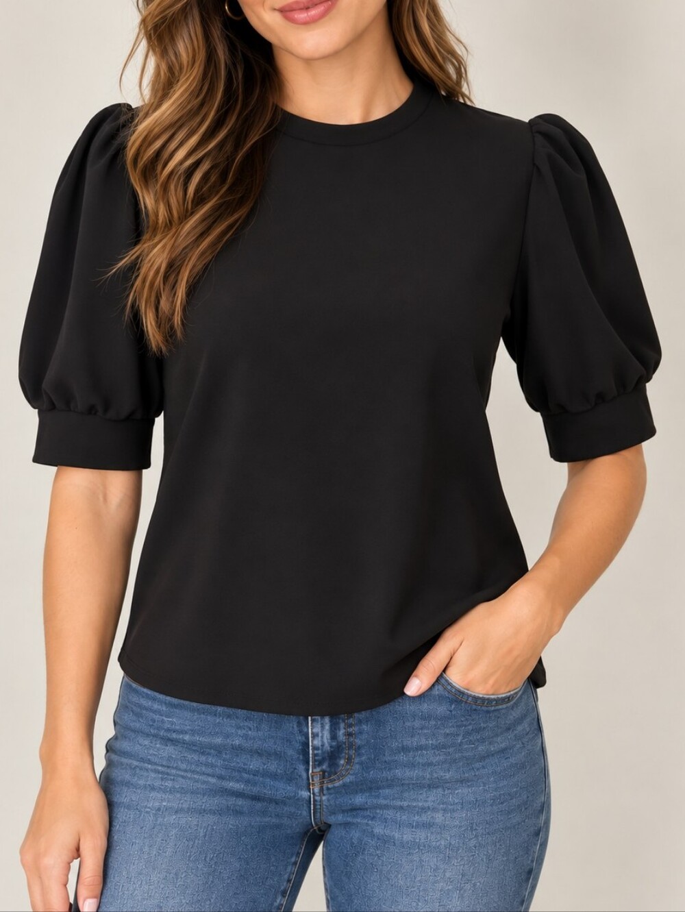 Women’s Black Puff Sleeve High Neck Keyhole Back Blouse Size S